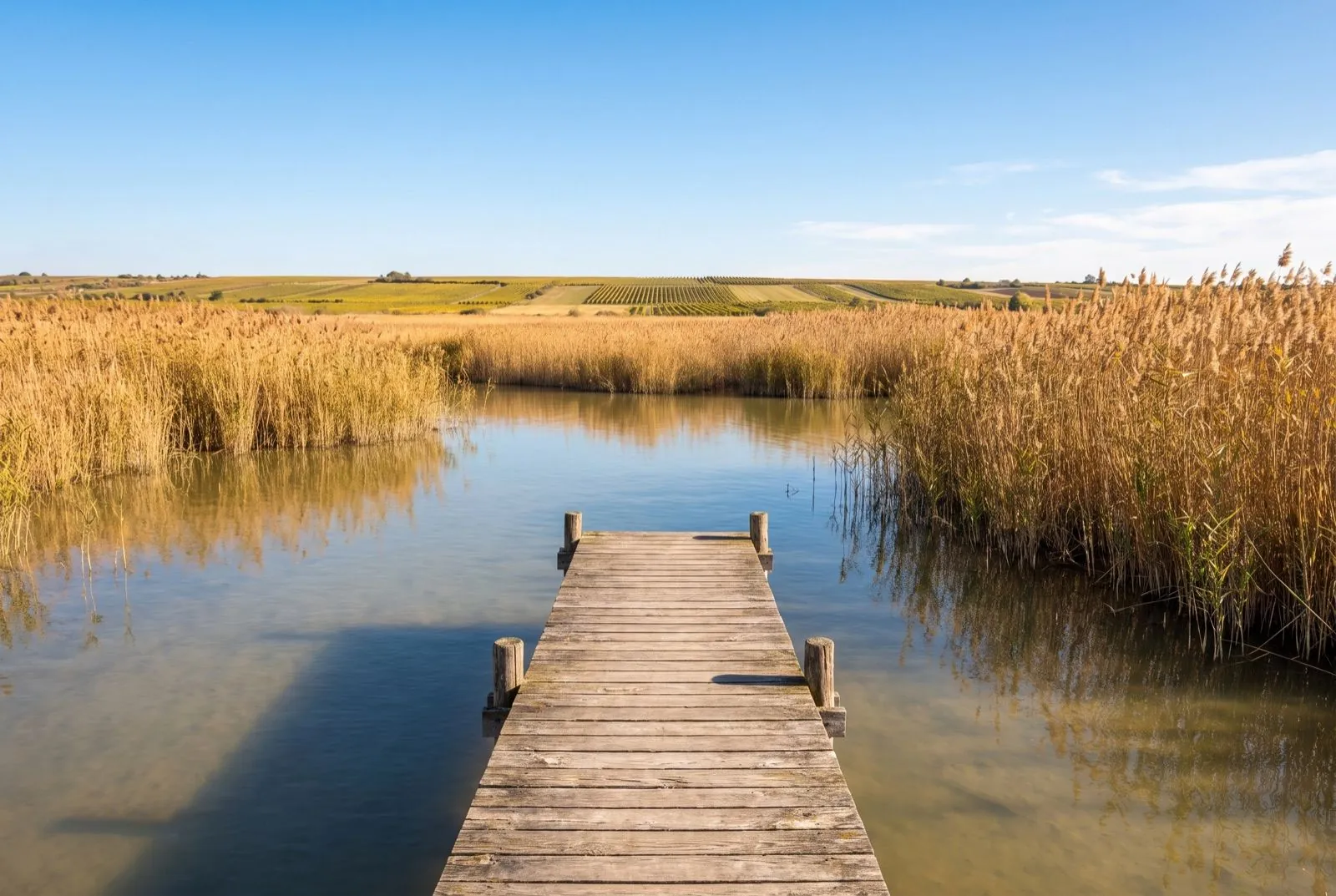 Holzsteg im Schilfgürtel eines Sees im Burgenland, dahinter Weingärten