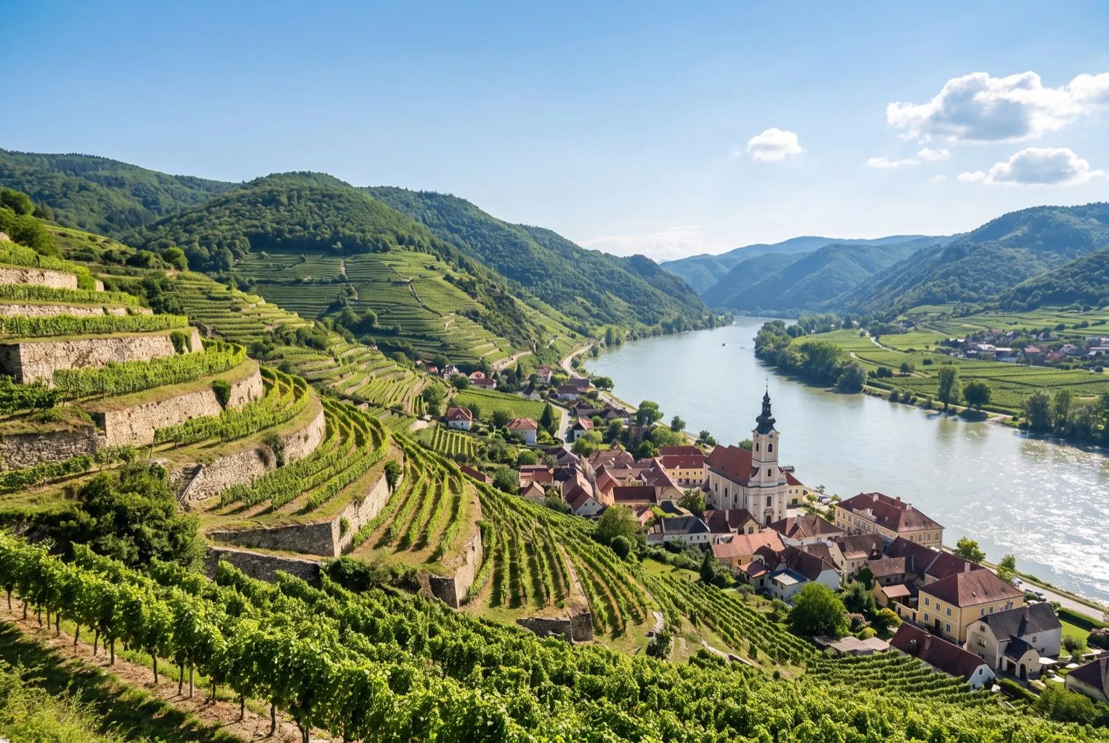 Weinterrassen über der Donau in der Wachau mit Ortschaft und Kirchturm, Niederösterreich